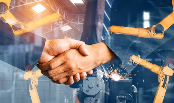Xai Mechanized Industry Robot Arm Business Handshake Double Exposure Concept — Stock Photo, Image