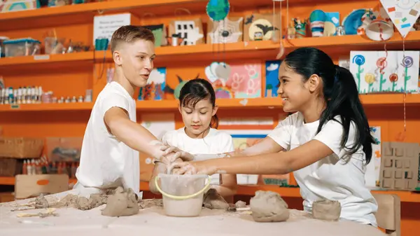Handsome Student Dipping Hand Water Soften Clay Art Classroom Group — Stock Photo, Image