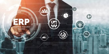 Ticari kaynaklar için Enterprise Resource Management ERP yazılım sistemi modern grafik arayüzünde sunulmuştur. Şirket kaynaklarını yönetmek için geleceğin teknolojisini göstermektedir. uds