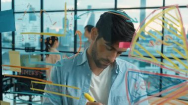 Profesyonel işadamı cam duvara yapışkan notlar yapıştırarak fikir üretmeye çalışırken, aynı zamanda çok kültürlü iş adamları da şehir manzaralı pazarlama fikirlerini tartışıyor. İzleme