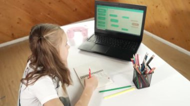 Diz üstü bilgisayar ekranı mühendislik kodlama programı ya da programlama sistemi kullanarak ev ödevi yapmayı düşünen mutlu öğrencilerin üst görünümü. Web geliştirme ve geri bildirim için plan yapan kız. Etkinlik.