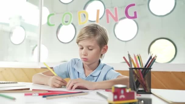Lächelnder Glücklicher Junge Der Kreative Bilder Färbt Und Kunstunterricht Lernt — Stockvideo