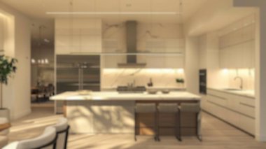 Geniş, modern bir mutfak iç mekanı, arka plan kullanımı ya da tasarım modelleri için ideal, kasıtlı olarak bulanık bir görüntü. Saygıdeğer.