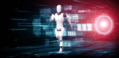 XAI 3D illüstrasyon. Hızlı hareket eden robot insanımsı robot, yapay zeka ve yapay zeka geliştirme kavramının gelecekte geliştirilmesi için gerekli enerjiyi makine öğrenmesiyle gösteriyor.