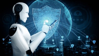 XAI 3D illüstrasyon yapay zeka robotu bilgi gizliliğini korumak için siber güvenliği kullanıyor. Yapay zeka ve makine öğrenme süreci tarafından siber suçları önleme konsepti. 3B görüntüleme