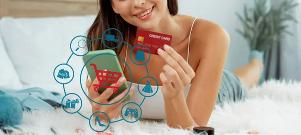 Customer Lying Wearing White Tank Top Holding Credit Card Typing — Stock Photo, Image