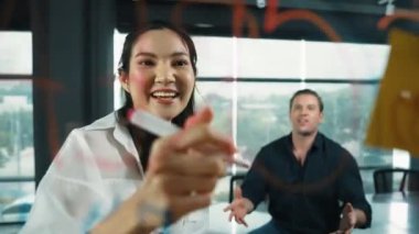 Genç kendine güvenen iş kadını projeyi uzman yatırımcıya sundu. Profesyonel proje yöneticisi başlangıç projesini açıklamak için yapışkan notlar kullanır, beyin fırtınası fikirlerini yatırımcıya paylaşır. Yönlendirici.