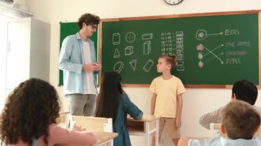 Profesyonel öğretmen konuşuyor ve sınıfta Asyalı çocuğa fikrini açıklıyor. Sınıfın önünde karatahta matematik dersiyle dikilmiş beyaz öğrenci dinleme eğitmeni. Pedagoji.