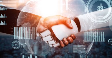 XAI 3D illüstrasyon Gelecek Finansal Teknoloji Kontrolü Yapay Robot Huminoid makine öğrenimi ve yapay zeka kullanarak iş verilerini analiz ediyor ve yatırım ve ticaret hakkında tavsiyelerde bulunuyor