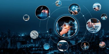 Gelecekteki büyük veri analitik ve iş zekası araştırmaları için gelecekteki iş dünyası dijital veri teknolojisi kavramı iş adamı analistleri için panoramik afişler yaparak yatırım yapıyor.