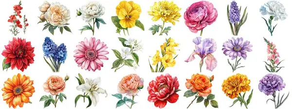 Akvarell Blomma Set Isolerad Bakgrund Olika Blommiga Samling Natur Blommande — Stockfoto