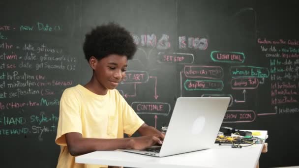 Умная Африканская Студентка Программирует Кодирует Инновационную Систему Время Кавказская Девушка — стоковое видео