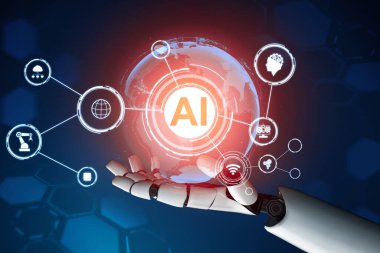 XAI 3D Renching futuristik robot teknolojisi geliştirme, yapay zeka yapay zeka ve makine öğrenme konsepti. İnsan hayatının geleceği için küresel robot biyonik bilim araştırması.