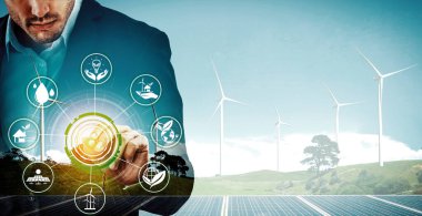 Rüzgar türbini çiftliği ve yeşil yenilenebilir enerji işçisi arayüzü üzerinde çalışan iş adamlarının çifte görüntüsü. Alternatif enerji ile sürdürülebilirlik gelişimi kavramı. uds