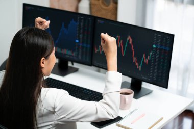 Başarılı genç Asyalı iş kadını, modern ofisteki bilgisayar ekranlarında dinamik iş grafiği üzerine borsada yumruklaşarak en yüksek karı elde ediyor, finansal teknolojiyi analiz ediyor. Taktik.