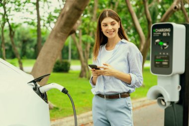 Ulusal Park veya Yaz Ormanı 'ndaki tatil gezisi sırasında EV şarj istasyonundan elektrik aküsü almak için akıllı telefon internet bankacılık uygulaması kullanan genç bir kadın. Yükselt