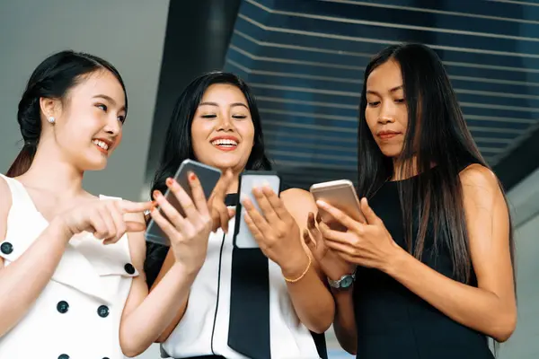 Three Women Friends Having Conversation While Looking Mobile Phone Hands — Stock Photo, Image