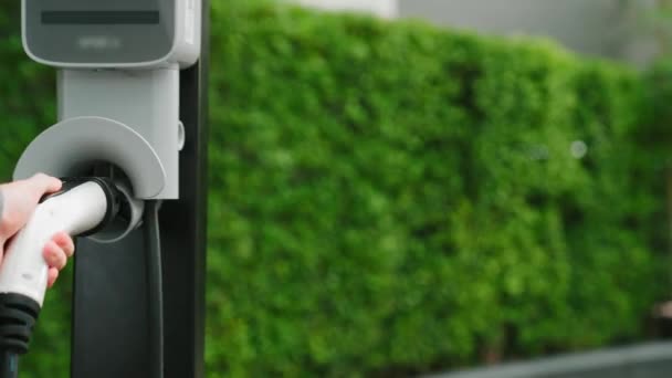 Junge Elektroauto Ladung Grünen Nachhaltigen Stadtgarten Sommer Zeigt Lebensstil Junger — Stockvideo