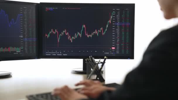 Obchodní Investoři Akciové Společnosti Analyzující Burzovní Marketing Při Pohledu Monitory — Stock video
