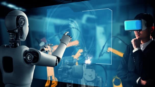 미래의 공장에서 일하는 Xai Cybernated 산업용 로봇과 작업자 자동화 프로세스를 — 비디오