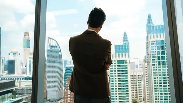 Back View Φιλόδοξος Επιχειρηματίας Στέκεται Στο Διακοσμημένο Γραφείο Ατενίζοντας Έξω — Φωτογραφία Αρχείου