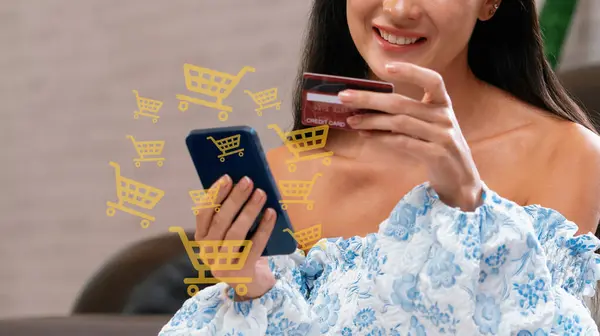 Customer Wearing Blue Dress Control Device Choosing Online Platform Smart — Stock Photo, Image