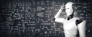 XAI 3D illüstrasyon. Yapay zeka ve makine öğrenme sürecini kullanarak matematik formülü ve bilim denkleminin ekranını analiz eden yapay yapay yapay zeka ve insansı robot düşünüyorum.