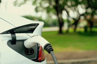 Açık yeşil şehir parkı manzarasındaki EV şarj istasyonundan EV elektrikli araç şarj oluyor. Çevre dostu EV araba yolculuğuyla doğal koruma. Yükselt