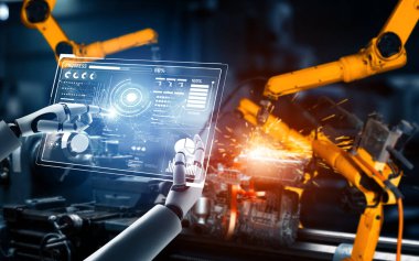 XAI Mekanize Endüstri Robotu ve robot silahları fabrika üretiminde kullanılacak. Sanayi devrimi ve otomasyon üretim süreci için yapay zeka kavramı.