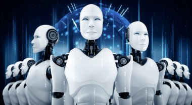 XAI 3D illüstrasyon. Robot insansı grubun gelecekteki yapay zeka kavramı ve 4. sanayi devrimi..