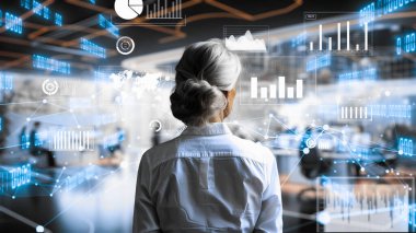 Finansal danışman veya tüccar BI ticari istihbarat veri tablosu ve grafik gösterge paneli ile çalışarak pazarlama stratejisi araştırması için karar veriyor..