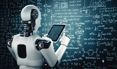 XAI 3D illüstrasyon Robot insansı. Tablet bilgisayarı kullanarak, yapay zeka, yapay zeka ve 4. endüstriyel devrim için makine öğrenme yöntemlerini kullanarak mühendislik bilimi eğitimi alıyor.