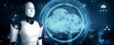 XAI 3d illüstrasyon yapay zeka robotu bulut hesaplama teknolojisini kullanarak çevrimiçi sunucuda veri depoluyor. Makine öğrenme süreciyle analiz edilen gelecekteki bulut bilgi depolama kavramı. 3B görüntüleme