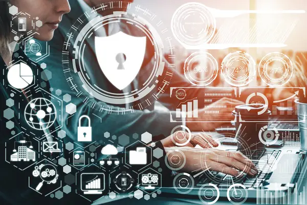 网络安全和数字数据保护概念 图标接口显示用于在线数据访问防御黑客 病毒和不安全的隐私信息的安全防火墙技术 — 图库照片