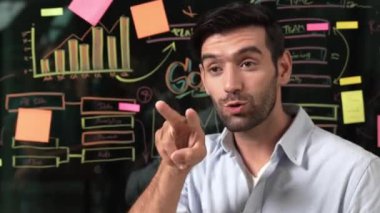 Profesyonel yönetici uzman yatırımcılara iş planını açıklıyor. Akıllı iş adamı paylaşımı, pazarlama stratejisi sunuyor. Liderleri zihin haritasını ve cam duvardaki yapışkan notları gösteriyor. İzleme