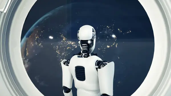 Xai イラスト 未来ロボット 宇宙宇宙の宇宙船内の人工知能 Cgi スペースシャトルウィンドウ外の惑星地球を見下ろす ロボットマン3Dレンダリング 3Dイラスト — ストック写真