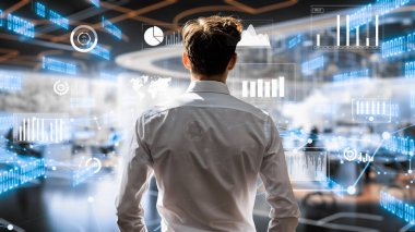 Finansal danışman veya tüccar BI ticari istihbarat veri tablosu ve grafik gösterge paneli ile çalışarak pazarlama stratejisi araştırması için karar veriyor..