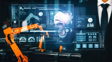 Dijital sanayi ve fabrika robotu teknolojisi için XAI Gelişmiş Robot Kol Sistemi. İnternet ağına bağlı IOT yazılımı kullanarak endüstri mühendisliği tarafından kontrol edilen otomasyon üretim robotu.