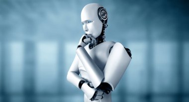 XAI 3D illüstrasyon. Yapay zeka kavramında yapay zeka kavramını inceleyen yapay zeka analizi yapan yapay zeka düşünen yapay robot. Dördüncü endüstriyel devrim için. 3B illüstrasyon.