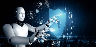 XAI 3D illüstrasyon yapay zeka robotu bilgi gizliliğini korumak için siber güvenliği kullanıyor. Yapay zeka ve makine öğrenme süreci tarafından siber suçları önleme konsepti. 3B görüntüleme