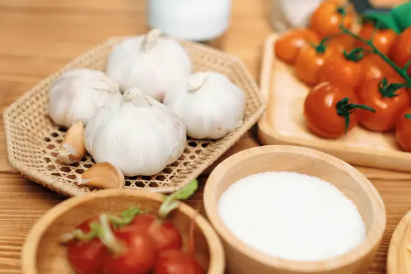 Close Health Foods Ingredients Special Menu Homemade Cooking Radish Garlic — Stock Photo, Image