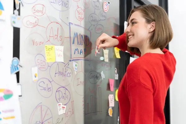Professional attractive female leader sticks sticky note while presents creative marketing plan by using brainstorming mind mapping statistic graph at modern business meeting room. Immaculate.