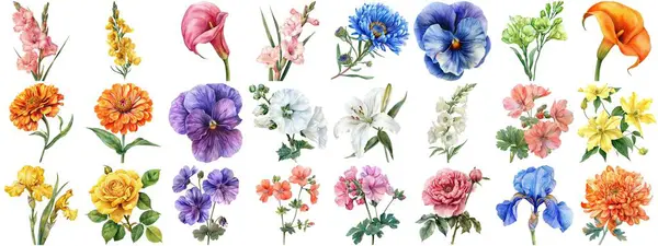 Aquarellblume Vor Isoliertem Hintergrund Verschiedene Florale Sammlung Von Natur Blühenden — Stockfoto