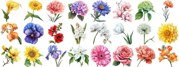 Flor Aquarela Definir Fundo Isolado Várias Coleção Floral Natureza Florescendo — Fotografia de Stock