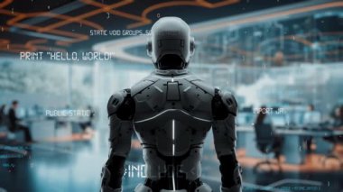 Yapay zeka mühendisliği iş başında. Yapay zeka algoritması pazarlama otomasyonu, teknik analiz, çözüm iletişimi ve hızlı yanıt için. LISP kodlu program ve 3d resimleme öğrenen makine