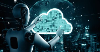XAI 3d illüstrasyon yapay zeka robot robotu internet sunucusunda veri depolamak için bulut hesaplama teknolojisi kullanır. Makine öğrenme süreciyle analiz edilen gelecekteki bulut bilgi depolama kavramı. 3B görüntüleme