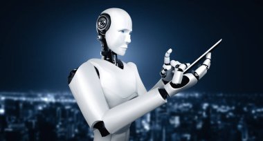 XAI 3D illüstrasyon robotu insansı cep telefonu ya da tablet kullanırken yapay zeka ve makine öğrenme sürecini kullanacak. 4. Sanayi Devrimi 3 boyutlu