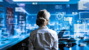 Finansal danışman veya tüccar BI ticari istihbarat veri tablosu ve grafik gösterge paneli ile çalışarak pazarlama stratejisi araştırması için karar veriyor..