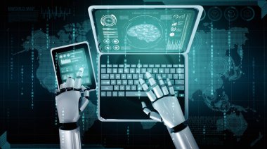 XAI 3D illüstrasyon Robotu 4. Endüstriyel Endüstri için yapay zeka ve makine öğrenme sürecini kullanarak büyük veri analizi için dizüstü bilgisayarı kullanın ve masaya oturun.