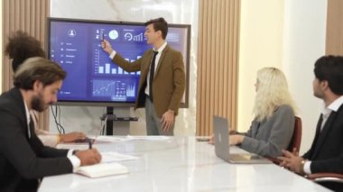 Analist ekibiyle ofis veya süs toplantı odasında yapılan sunum, başarılı bir ticari yatırım başarısı elde ettikten sonra mali verileri analiz etmek için BI Fintech 'i kullandı..